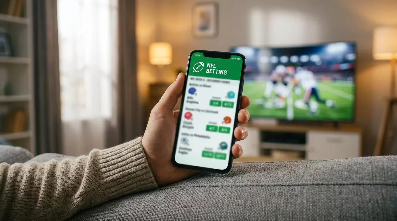 Person holding a smartphone displaying NFL betting odds on a UK sportsbook app