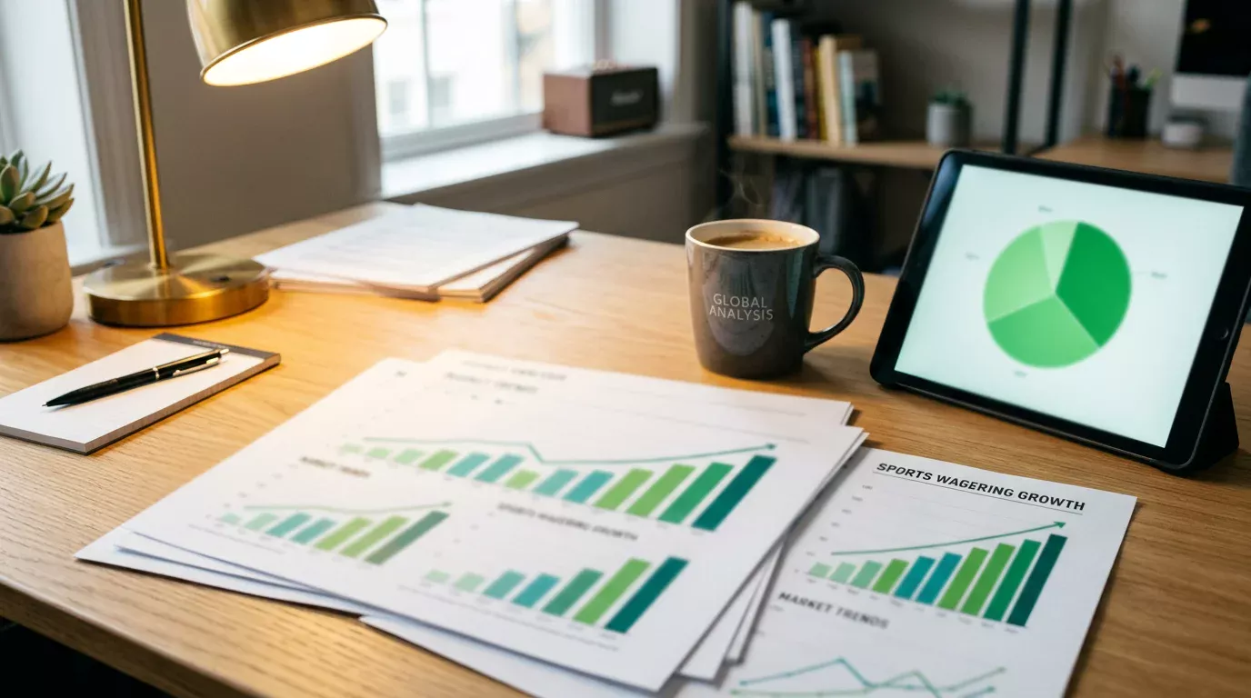 Desk with printed NFL betting market data reports and charts showing sports wagering growth trends